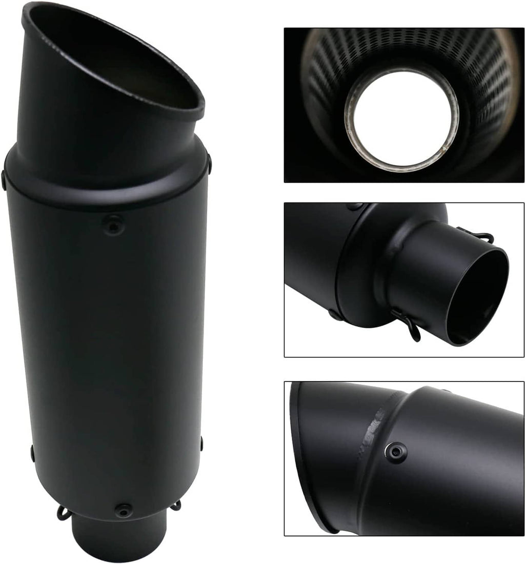 Black exhaust muffler end with curved inlet; close-up of intake opening texture.
