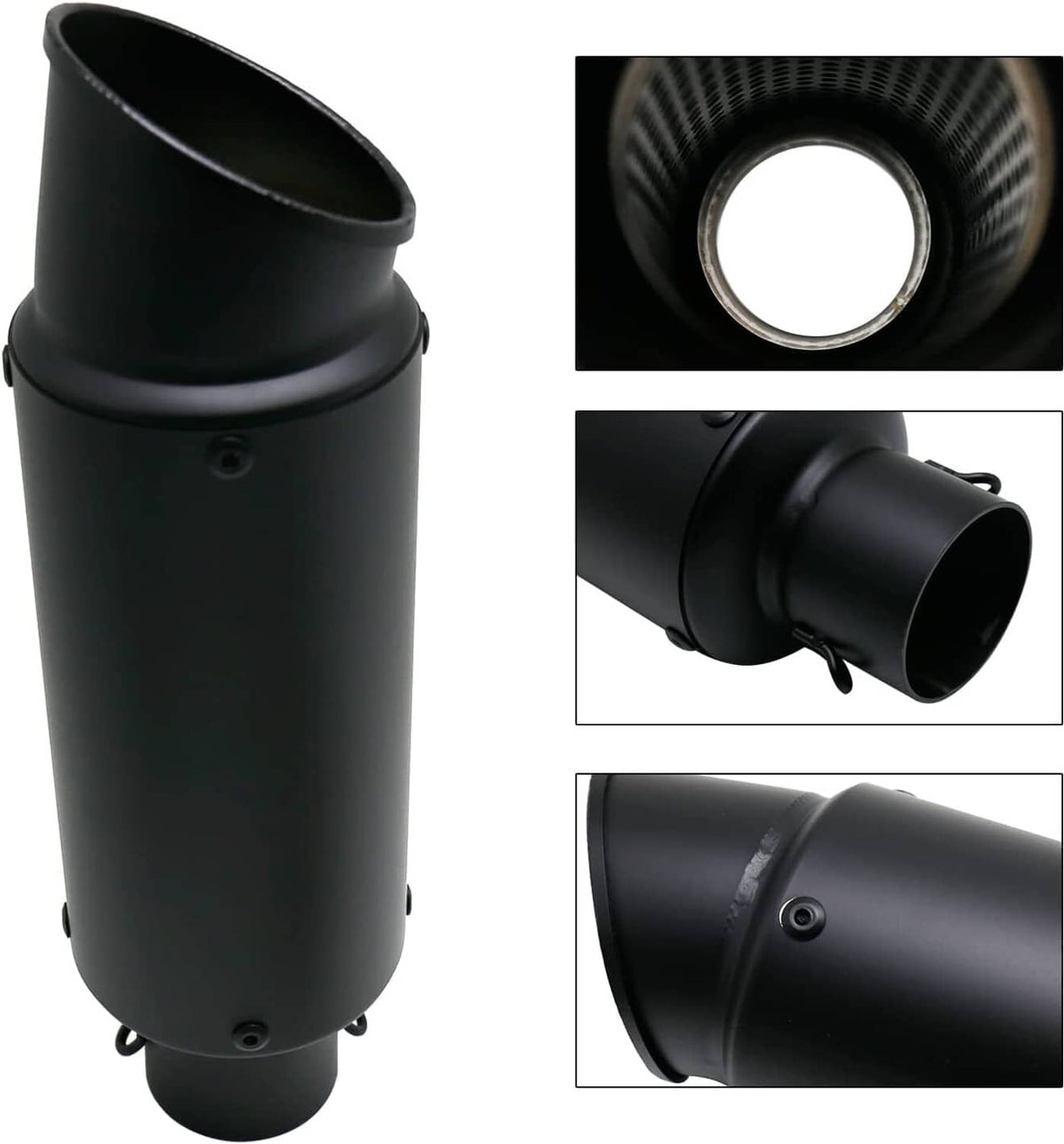 Black exhaust muffler end with curved inlet; close-up of intake opening texture.