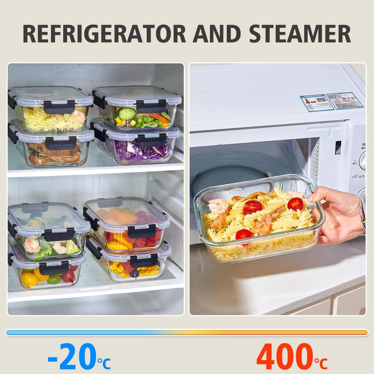 Glass meal prep containers with black latches stored in refrigerator shelves