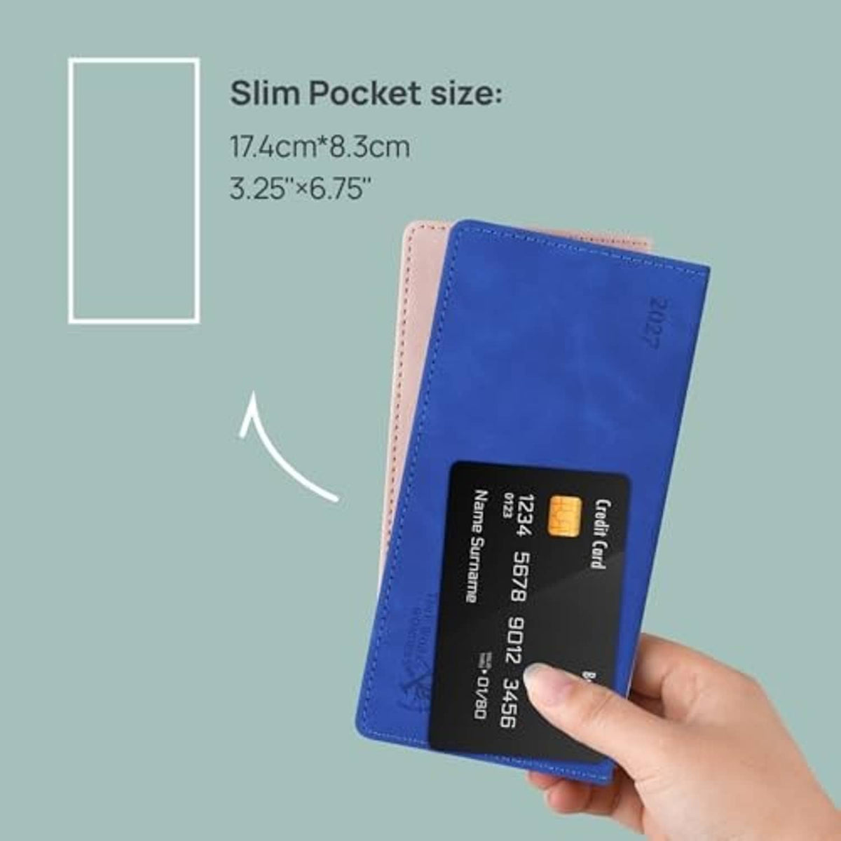 Blue slim pocket monthly planner with card holder pocket and printed year dates