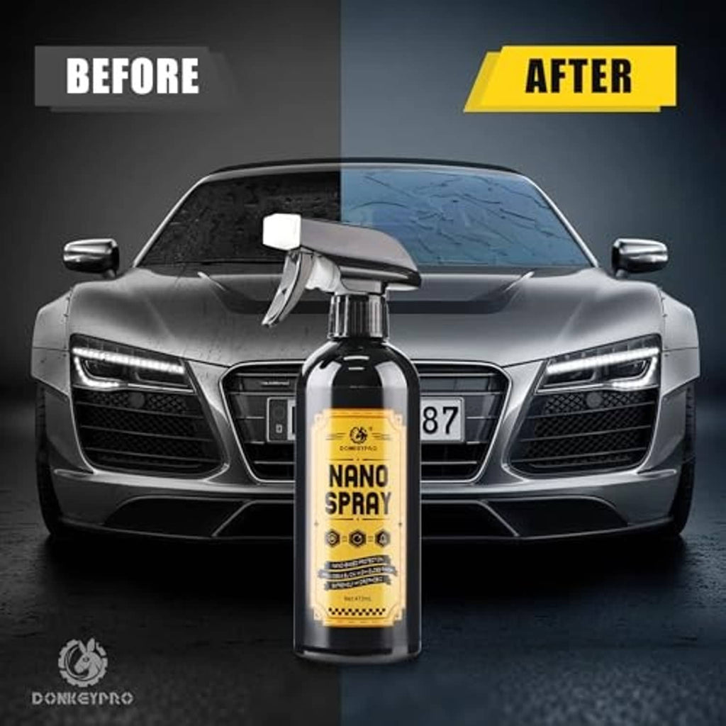 Car coating spray bottle in front of a car, before and after style split view