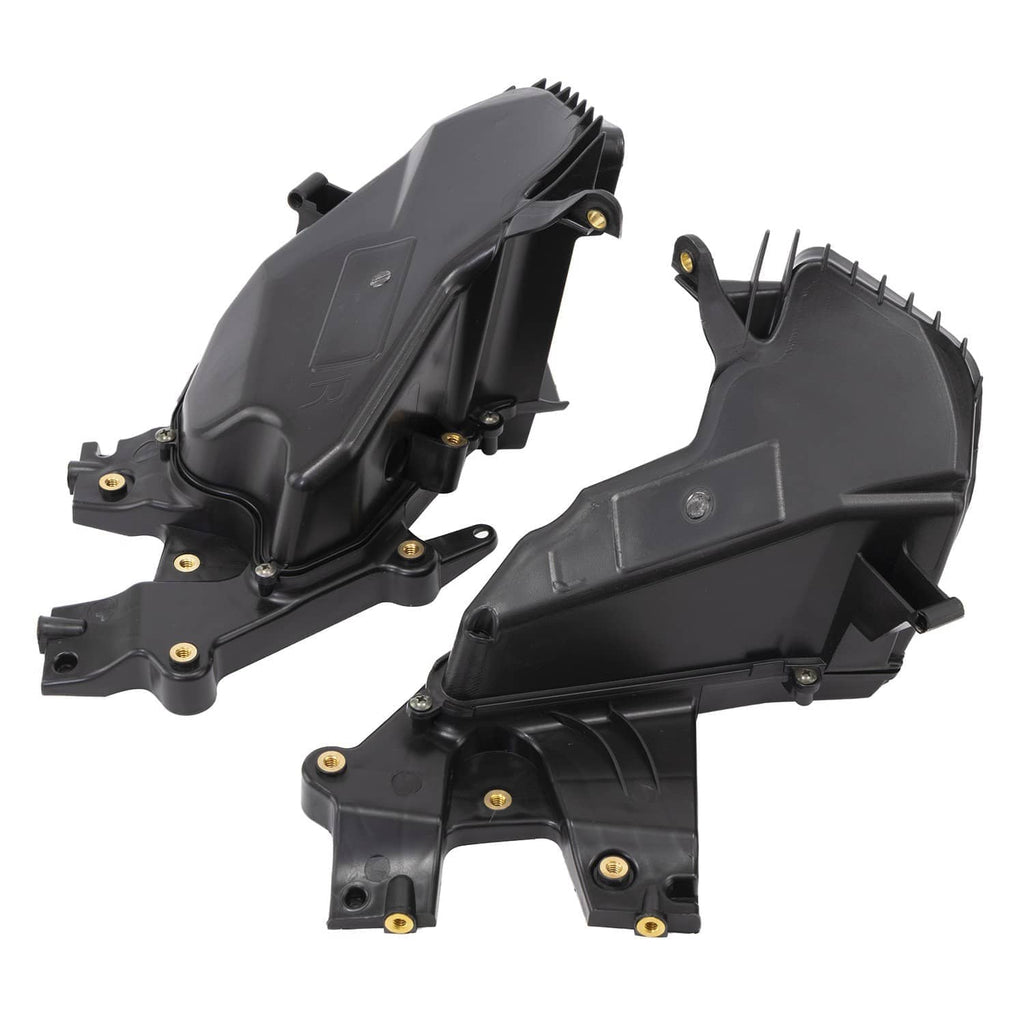 Pair of black motorcycle glove boxes with molded lids and bracket mounting plates