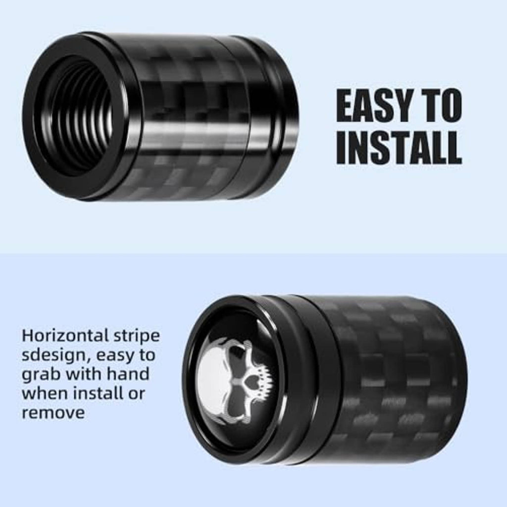 Black carbon fiber-style tire valve stem cap with skull emblem and easy-grip side stripe