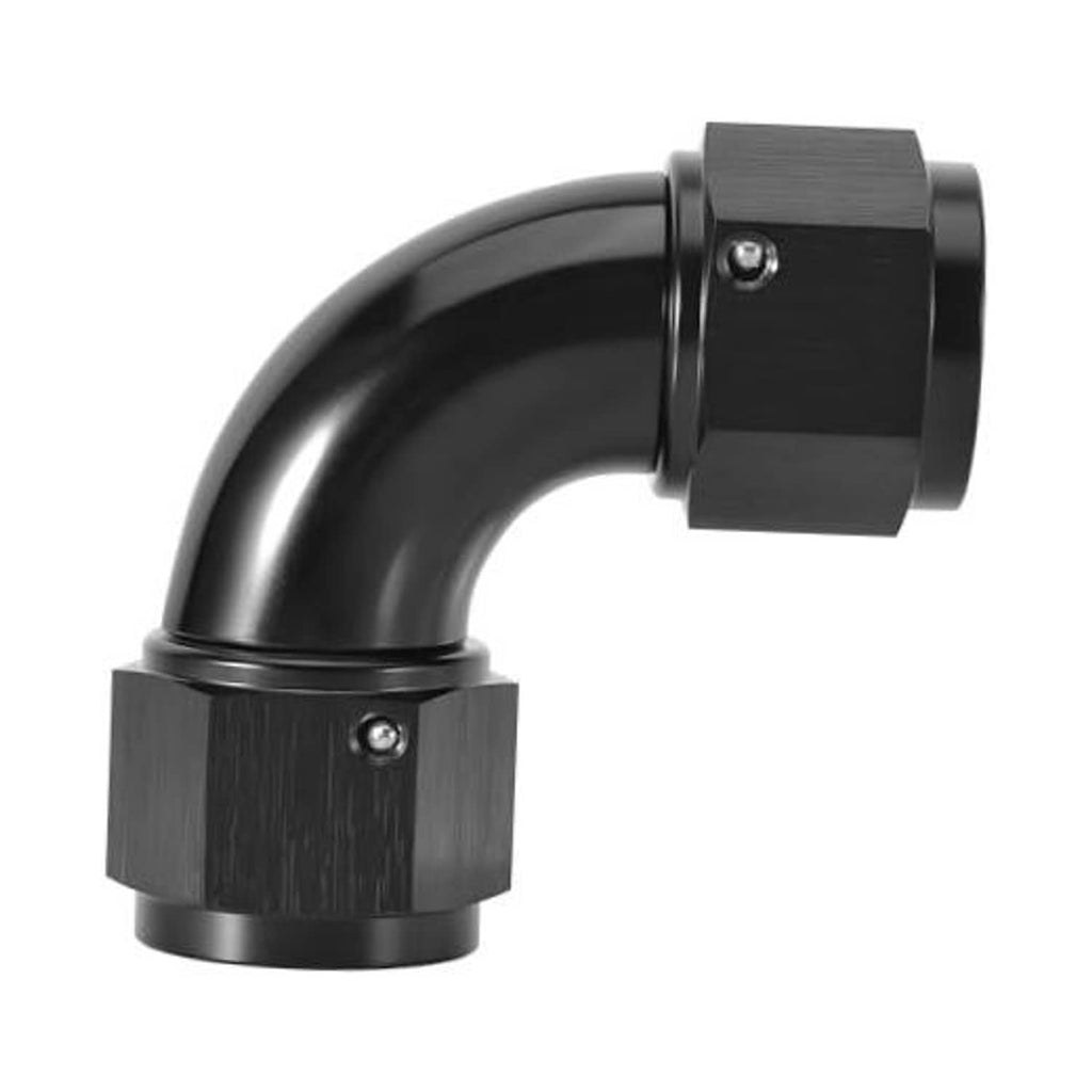 Black 90-degree AN swivel coupler fitting with curved elbow and threaded connection