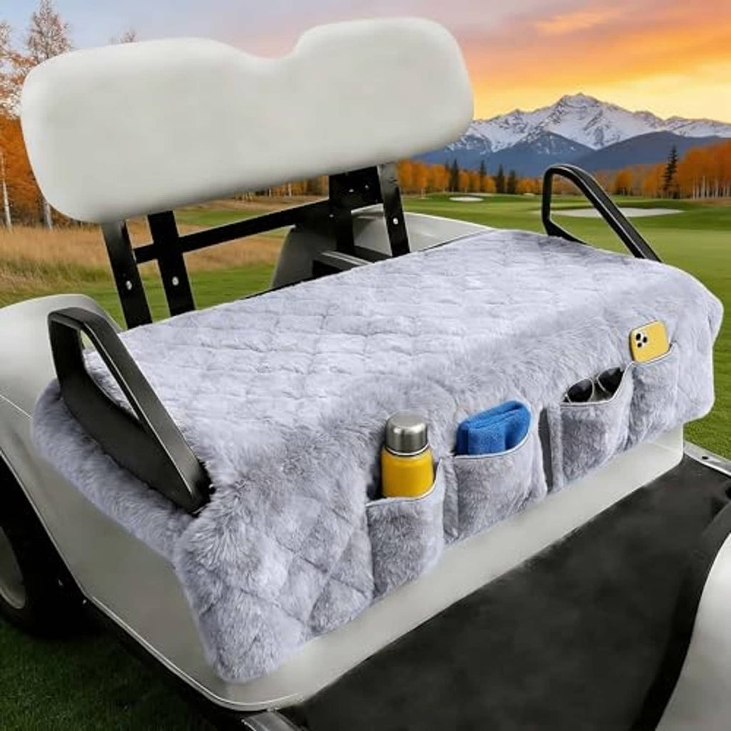Light gray quilted plush golf cart seat cover blanket, molded seat shape