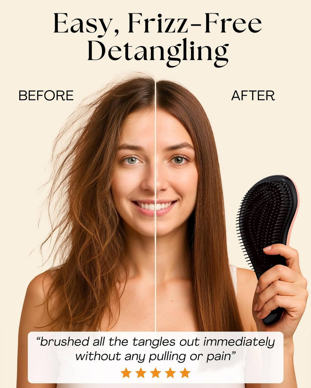 Black hair detangler brush with pink handle, held in hand.