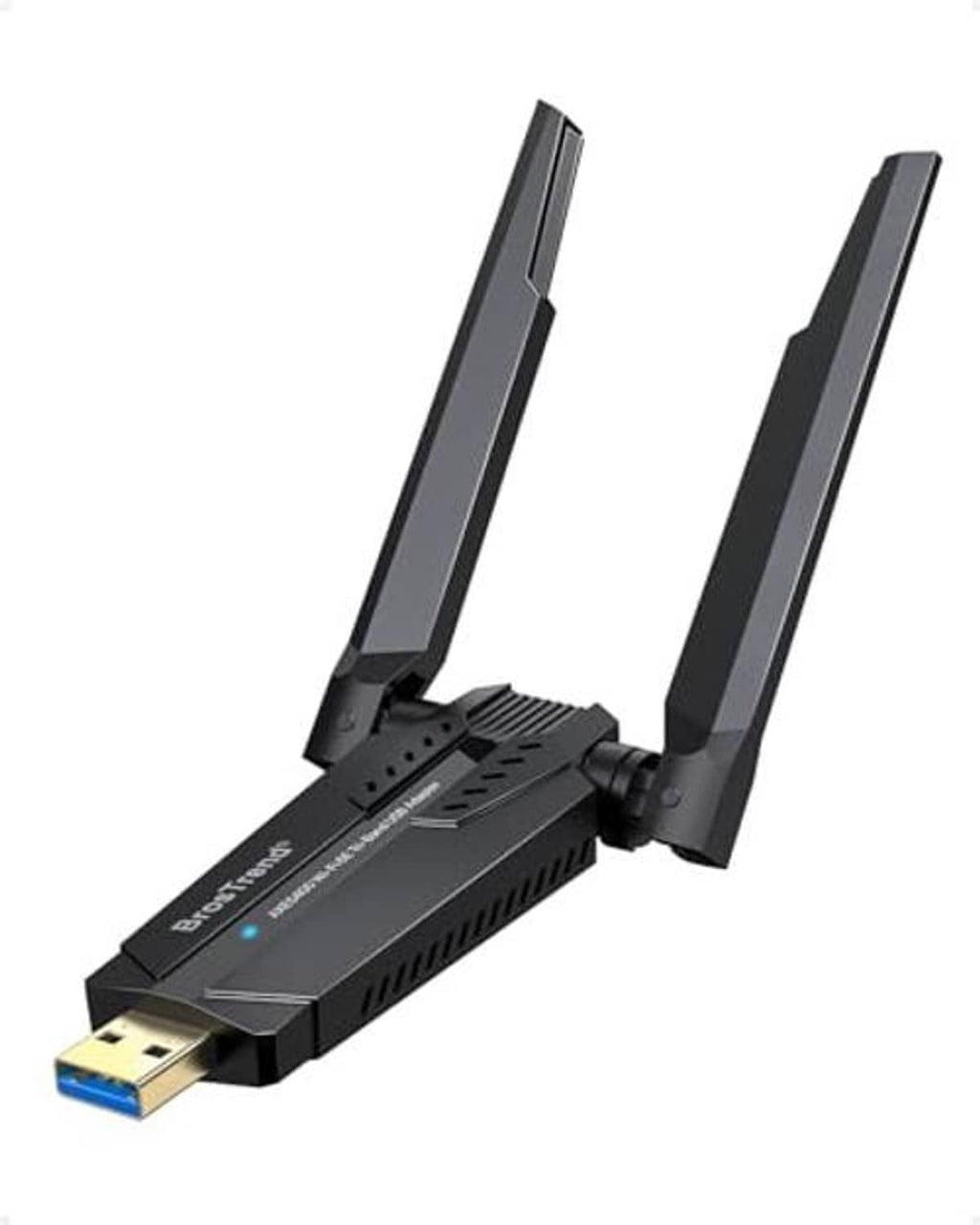 WiFi 6E USB adapter with dual external antennas, blue USB port end, black casing