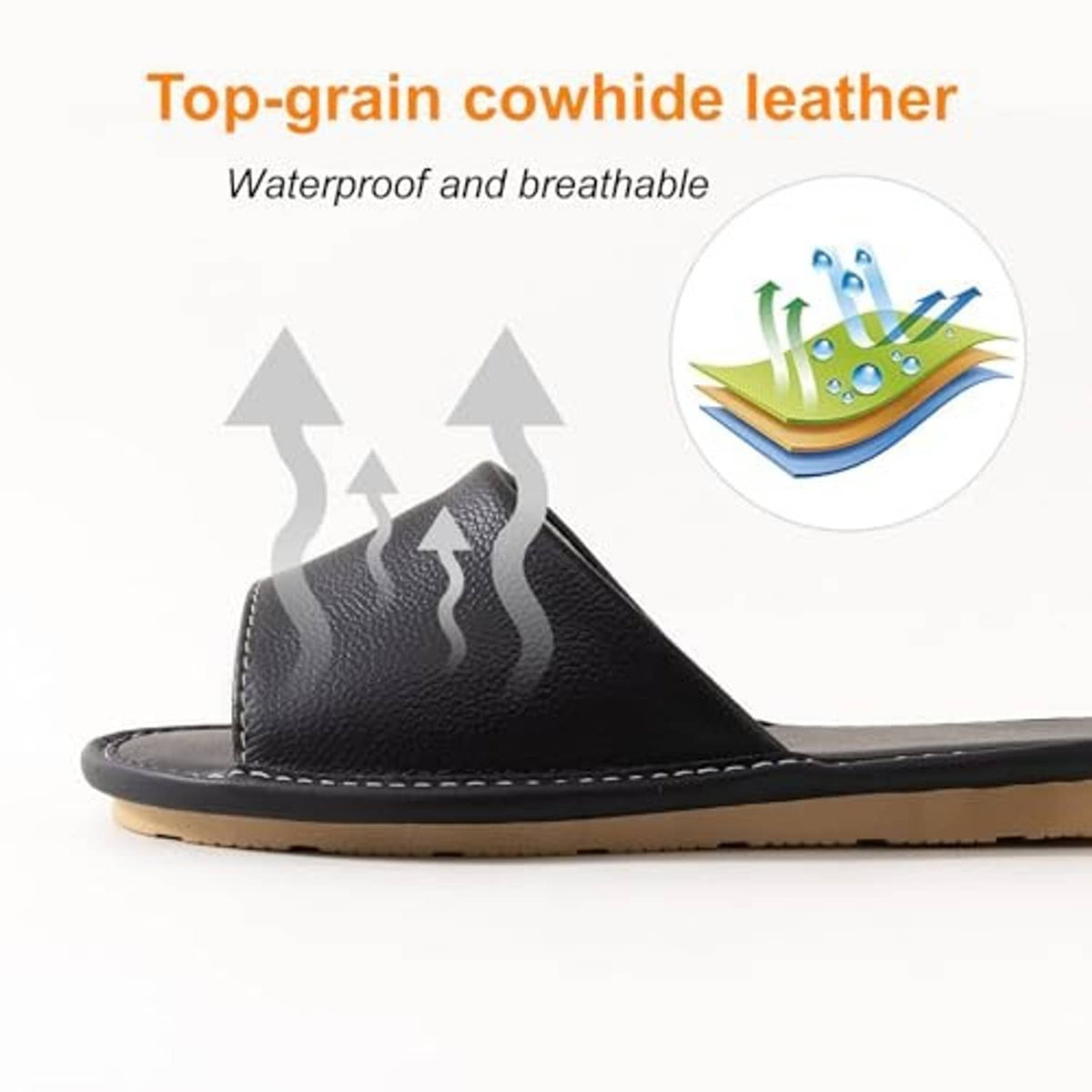 Black slide sandal with textured leather upper and tan rubber sole, side profile.