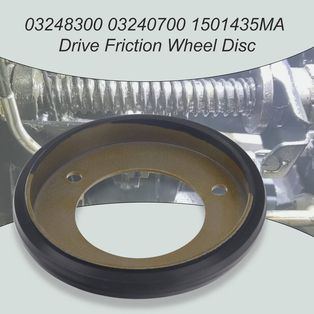 Black drive friction wheel disc with bronze center and three mounting holes