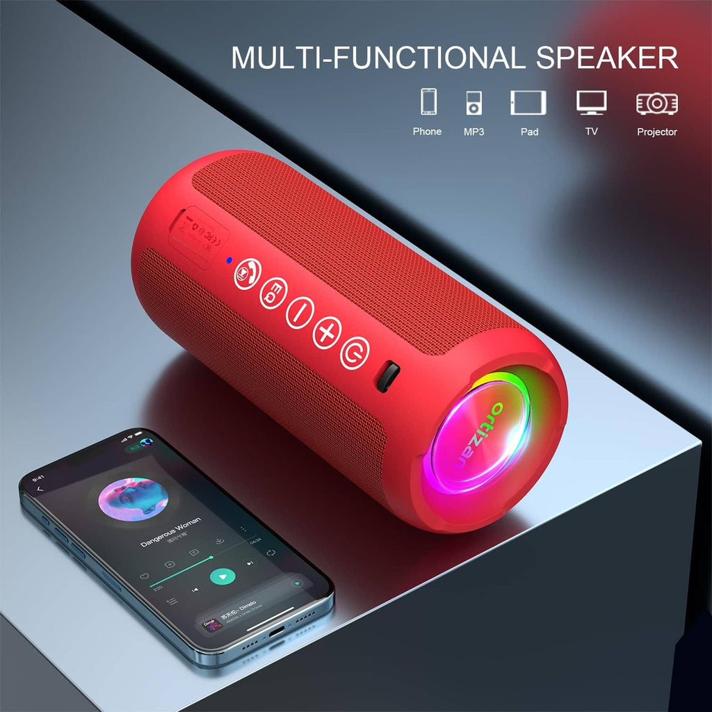 Red Ortizan portable Bluetooth speaker with RGB-lit speaker end and visible top control buttons