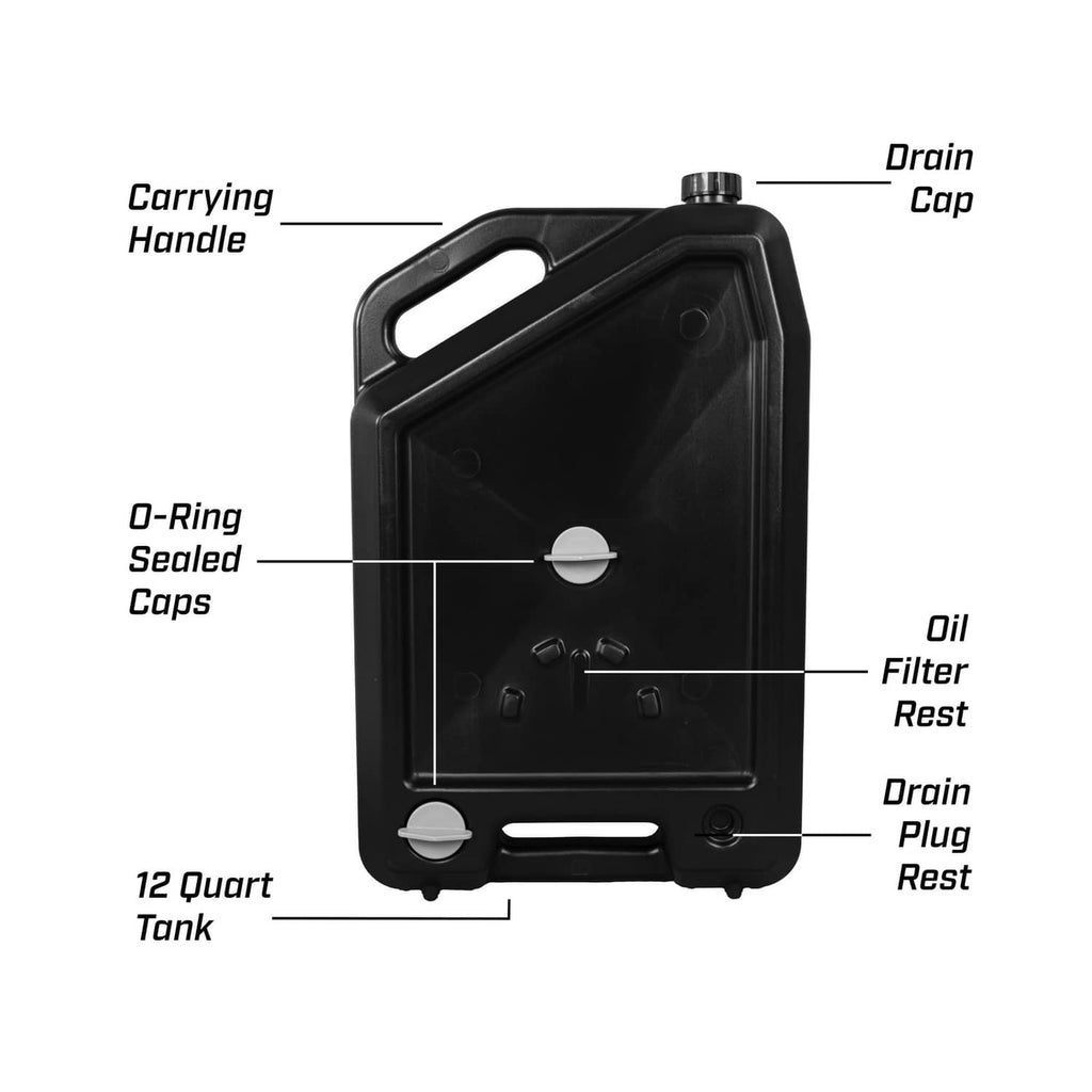 Oil drain pan diagram: carrying handle, drain cap, oil filter rest, drain plug rest