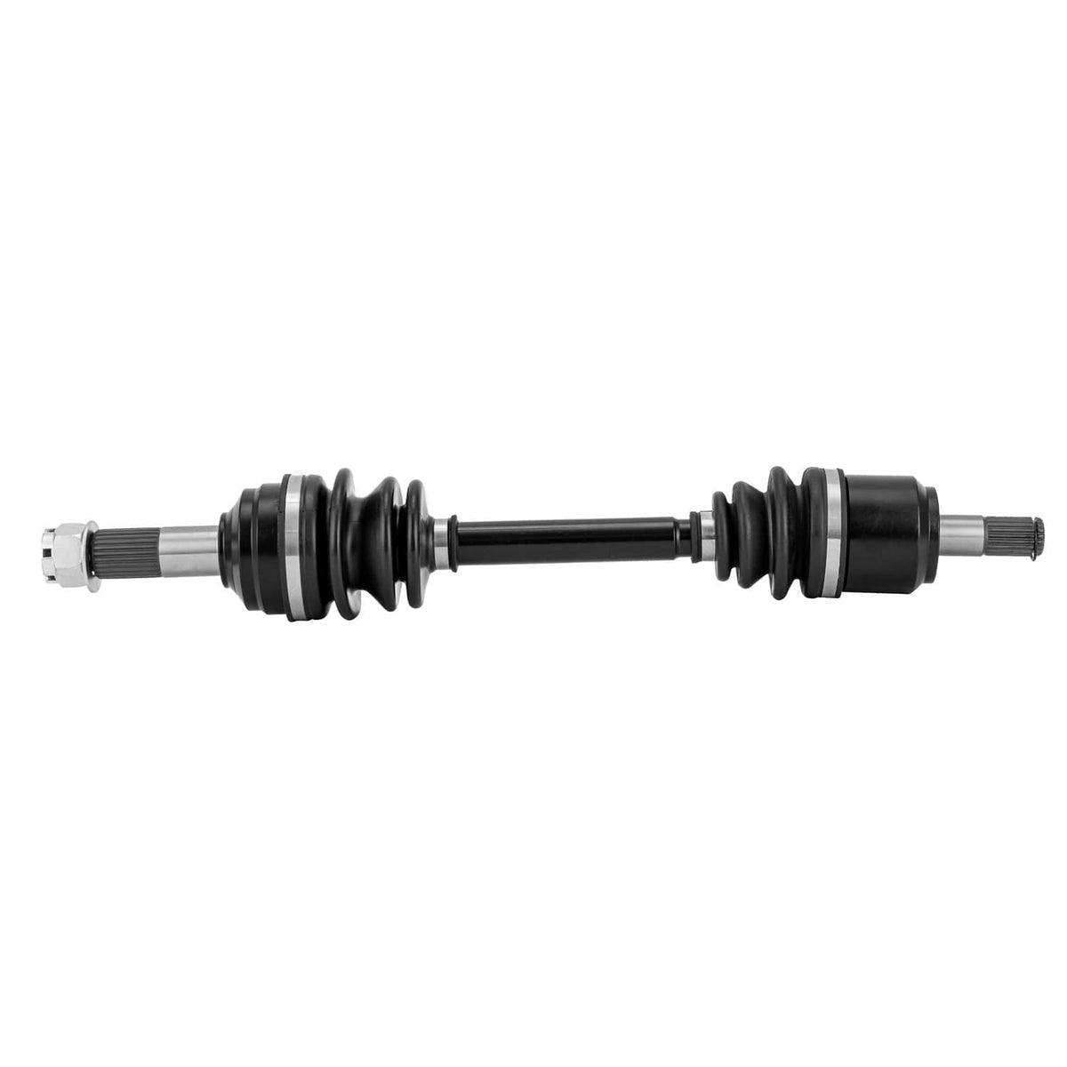 CV axle shaft with black boots and silver splined ends on a straight shaft