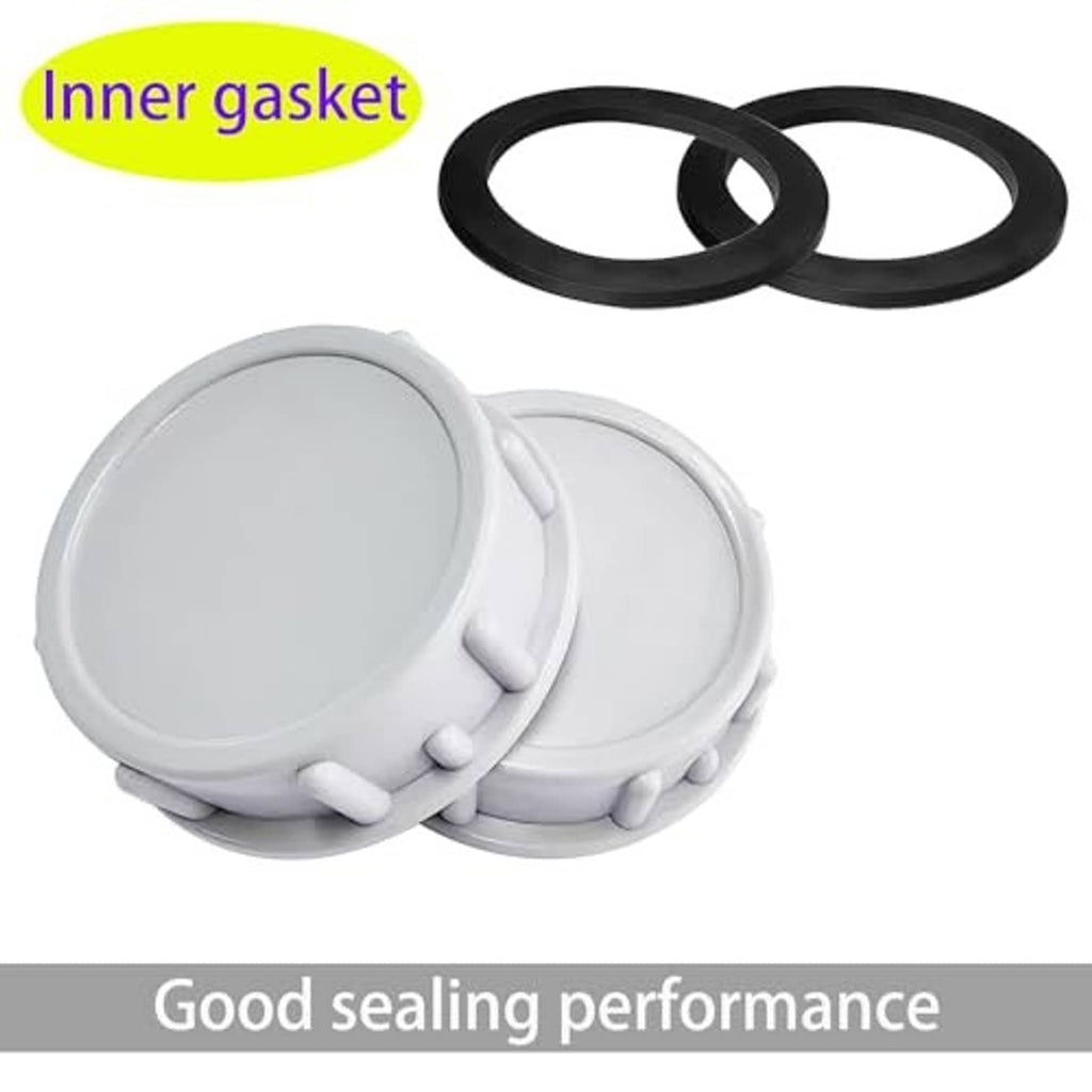 Set of white PVC end caps with black gasket ring and snap-on round lids