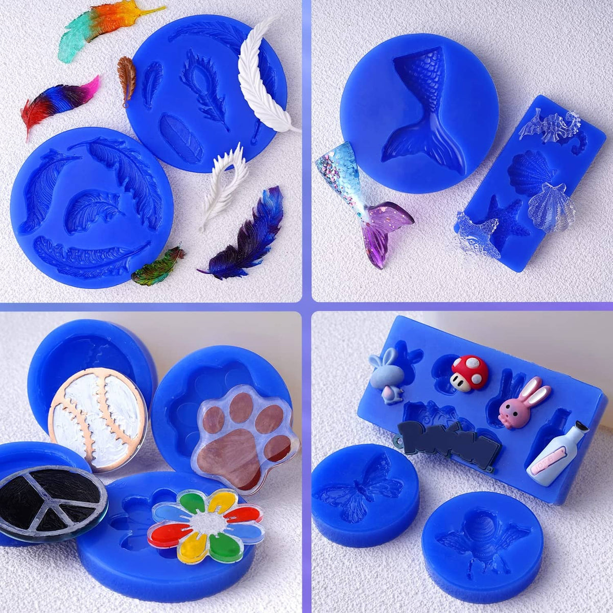 Assorted blue silicone molds with flower, feather, and animal-shaped cavities