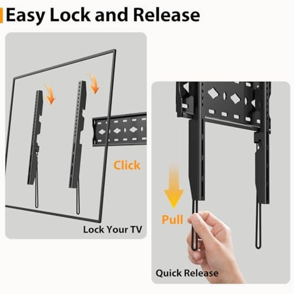 Black TV wall mount with quick lock and release mechanism shown on the bracket