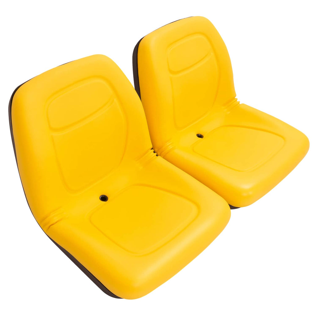 Two yellow seat cushions with black trim, close angled view