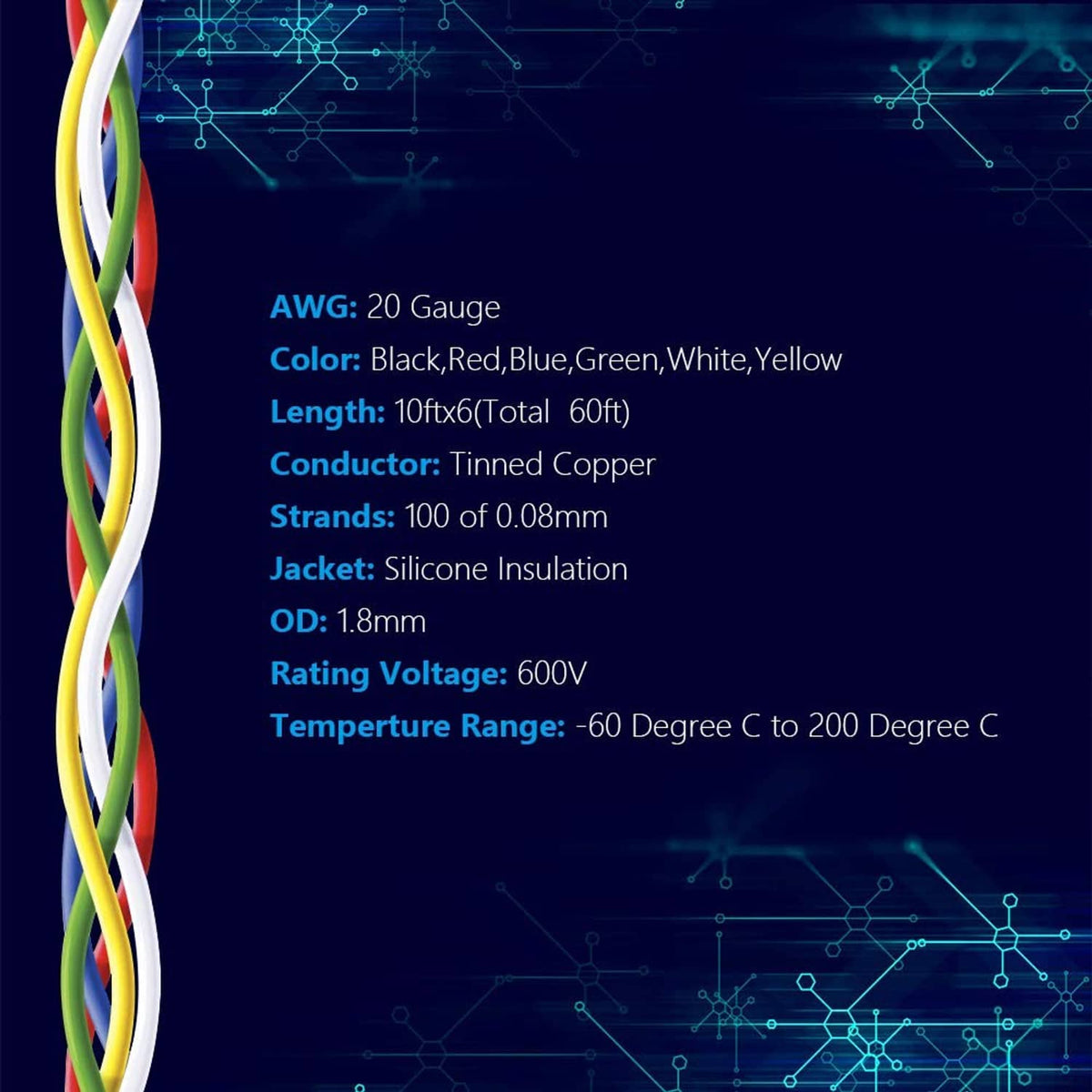 AWG 20 stranded electrical wire bundle in black, red, blue, green, white, yellow