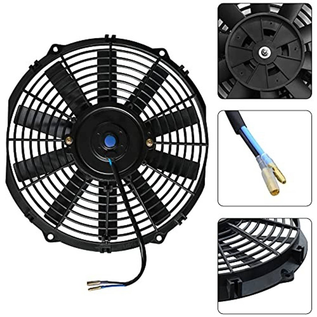 Black 12-inch radiator cooling fan with central motor hub, grille blades, and blue wire lead