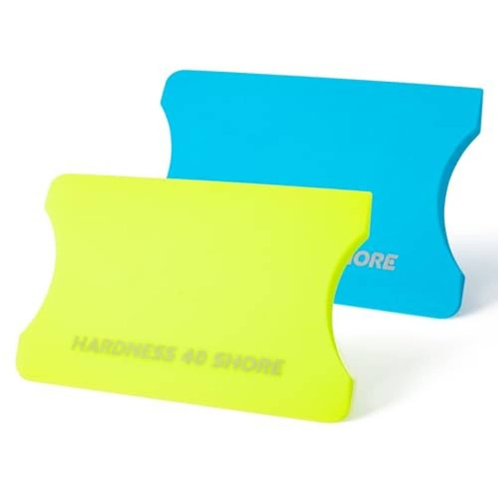 Pair of vinyl squeegees in lime green and tiffany blue, rounded corner scraper