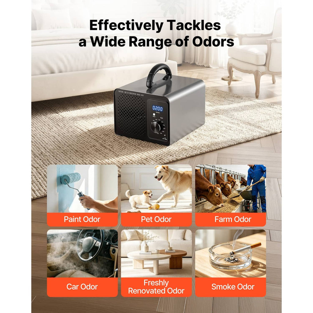 Ozone generator machine on floor rug with digital timer and large control knob