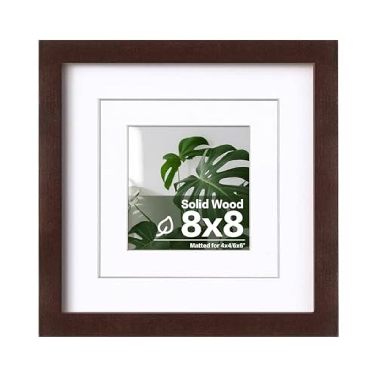 Walnut solid wood 8x8 frame with clear plexiglass and white mat, front view