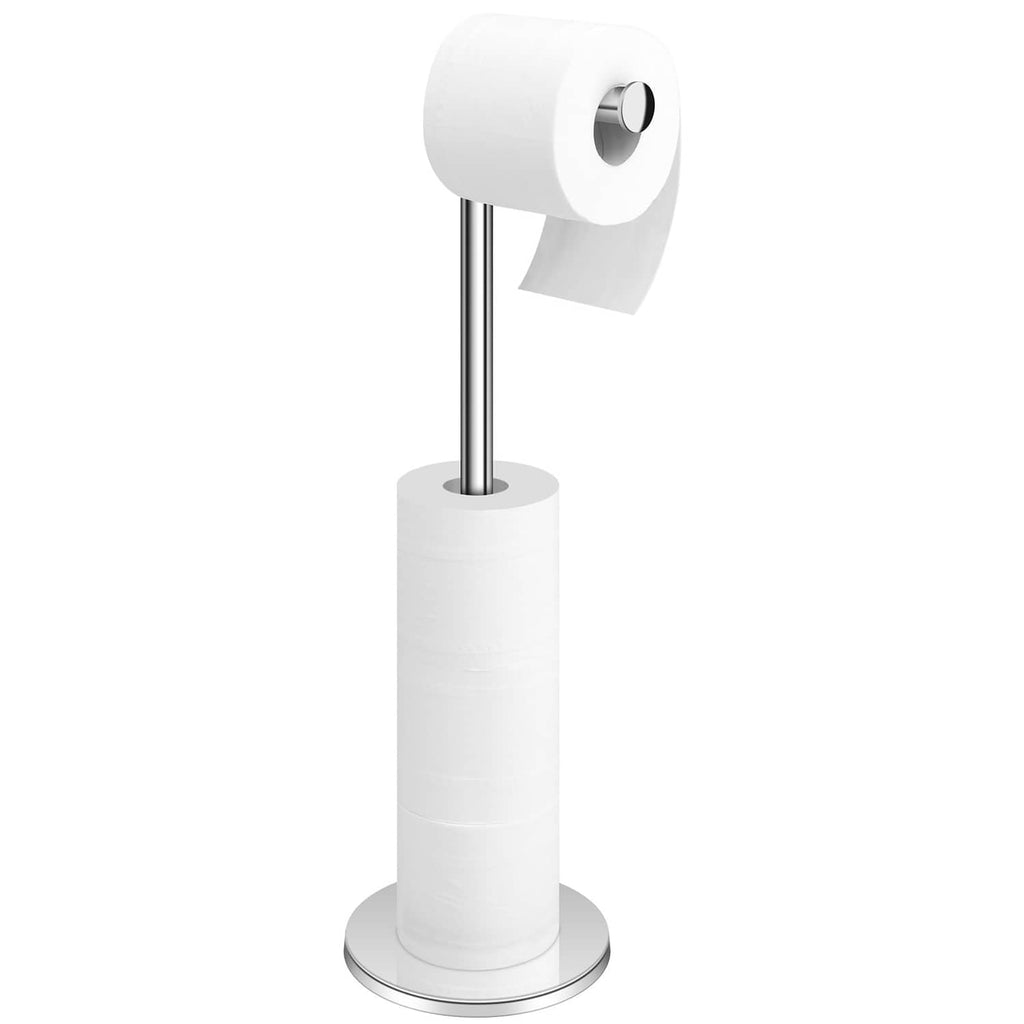 Freestanding toilet paper holder stand with white roller and chrome pole, round base