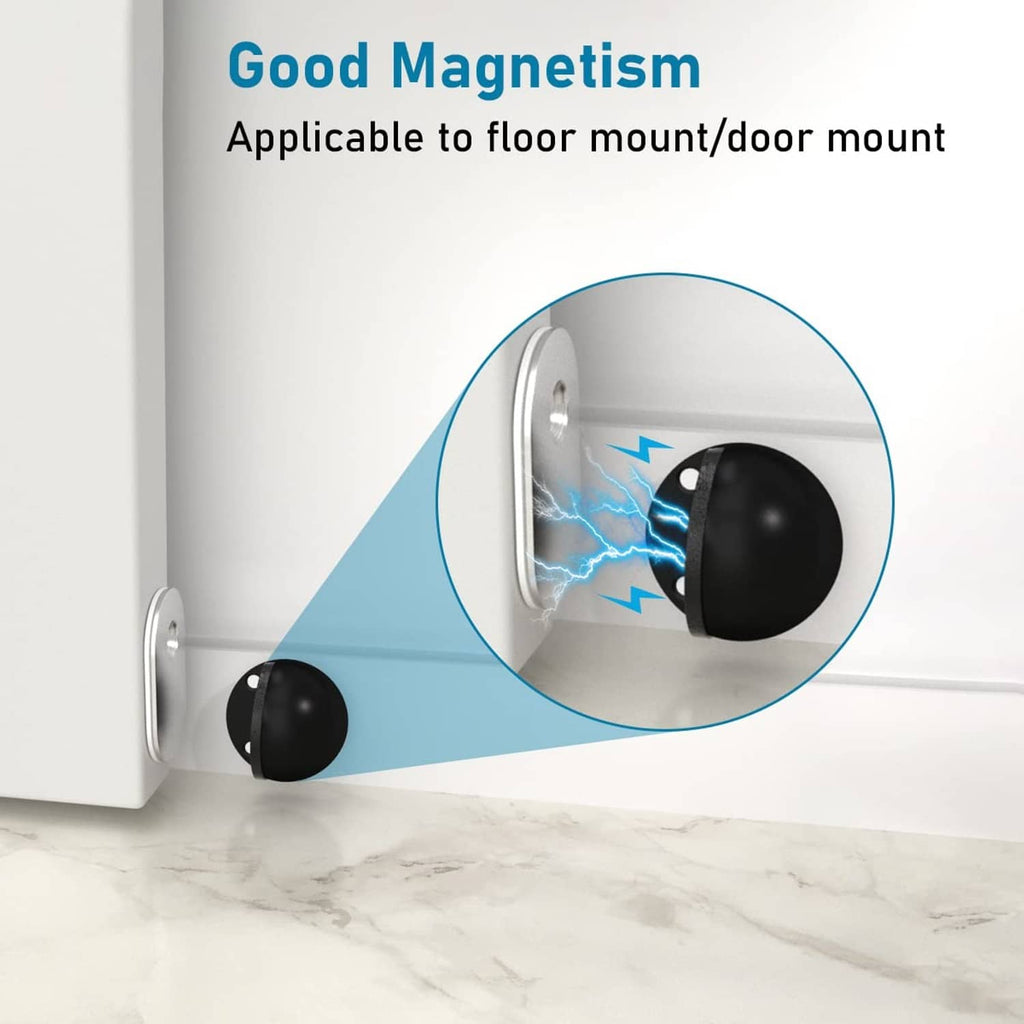 Black magnetic door stopper mounted to the door with base and rubber bumper