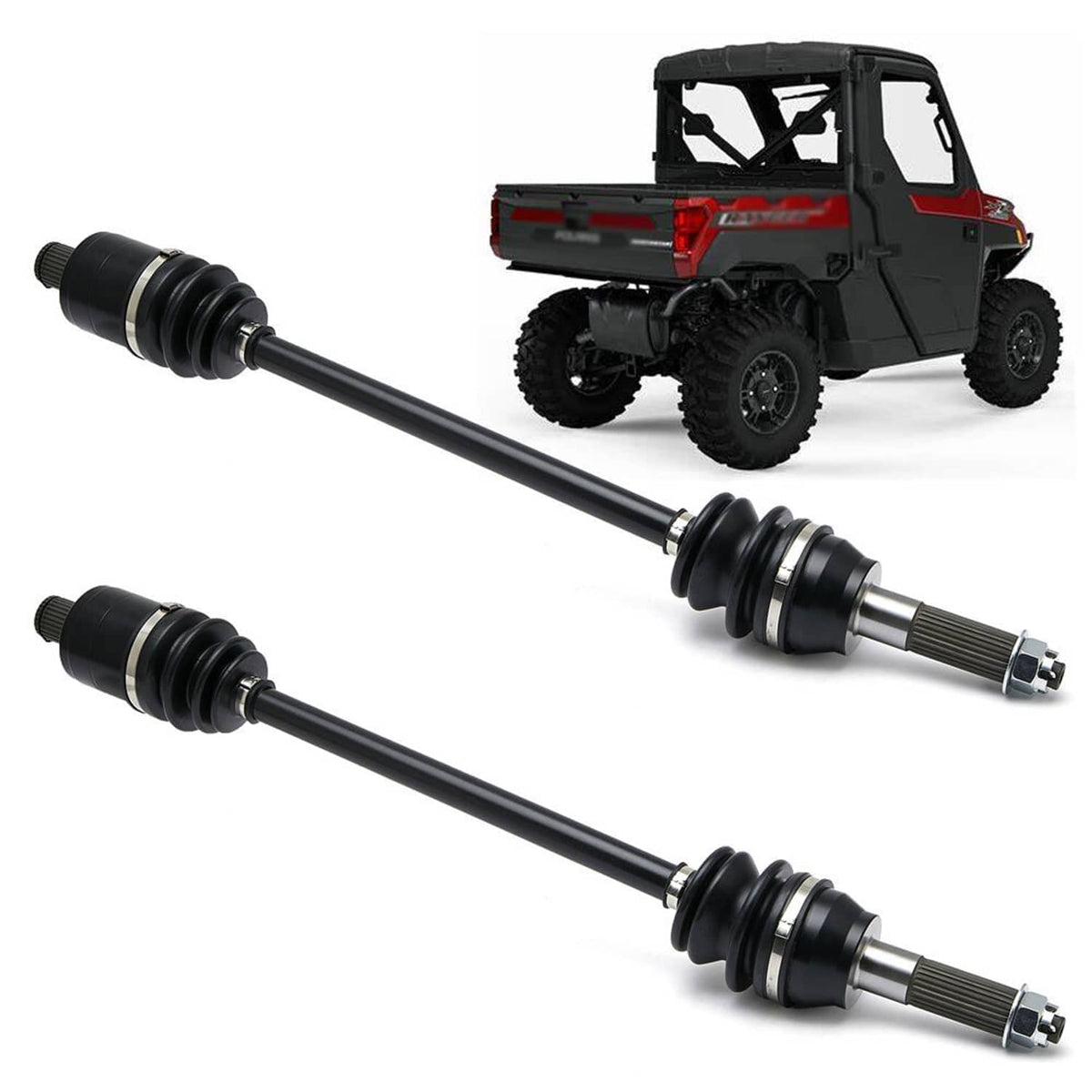 2-pack rear CV axle drive shafts with black rubber boots and silver spline ends