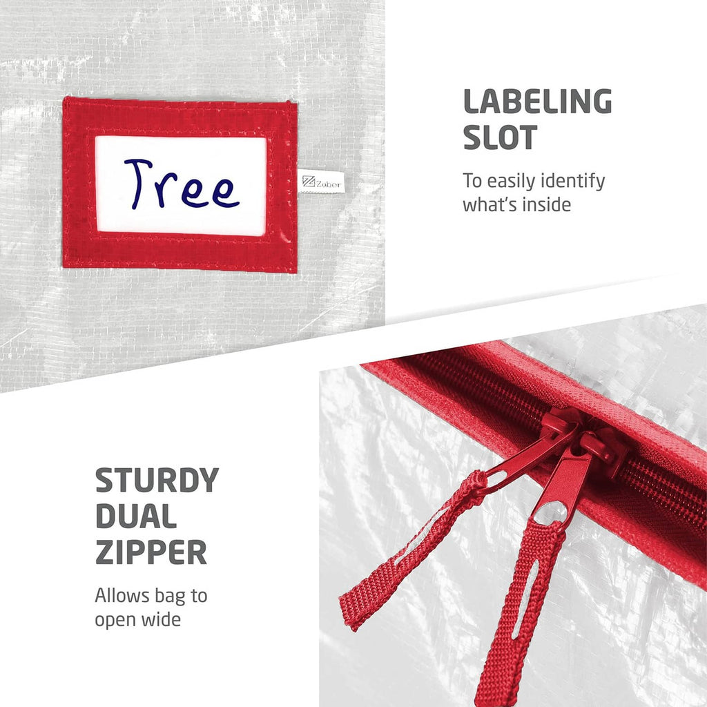 Christmas tree storage bag with sturdy dual zipper and label pocket, white with red trim.