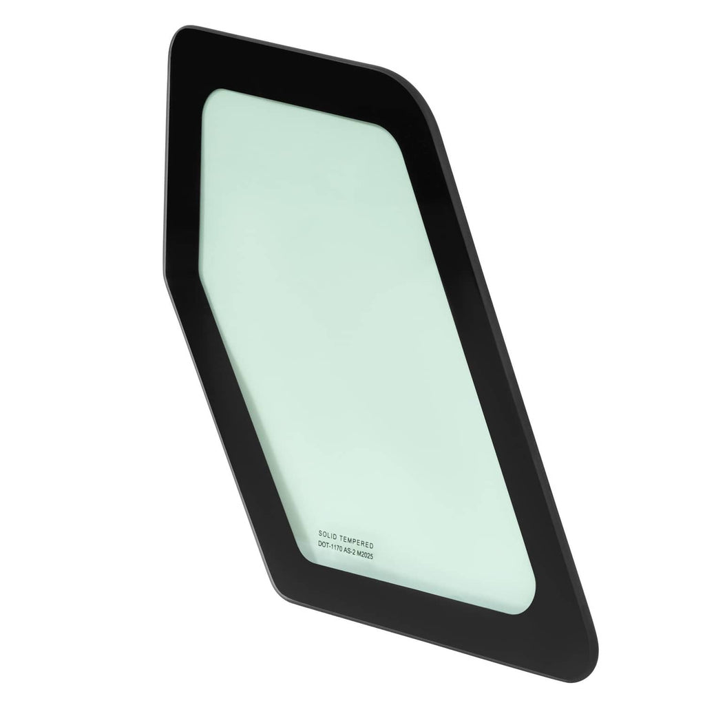 Cab window glass with black frame and light green tinted panel, diagonal angle