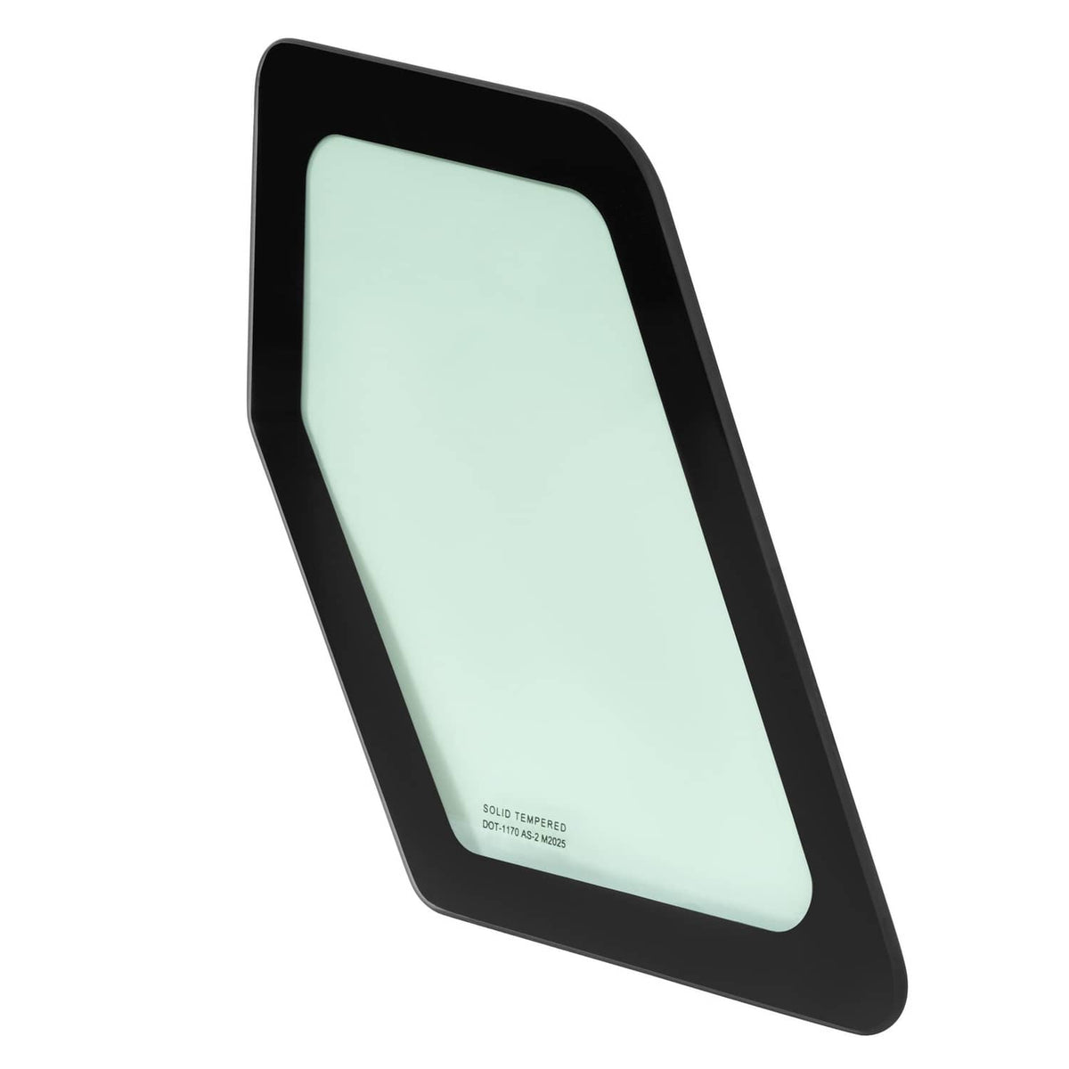 Cab window glass with black frame and light green tinted panel, diagonal angle