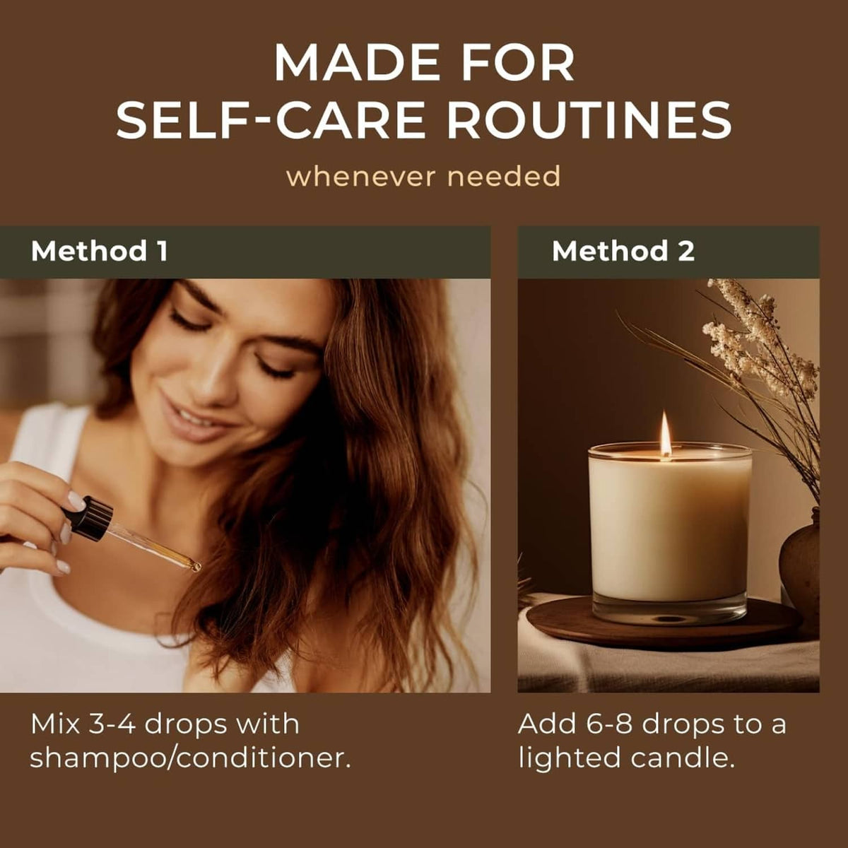 Peppermint essential oil usage for self-care routines, mixing drops with hair or candles