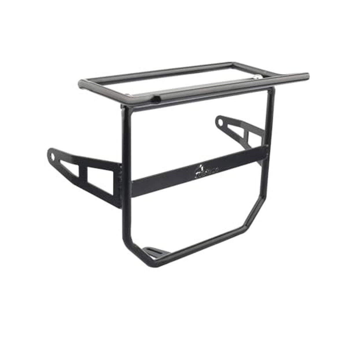 Motorcycle front luggage rack bracket with headlight guard, black steel frame and silver top rail