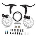 Mountain bike mechanical disc brake kit with black calipers, silver rotors, cables, and pads