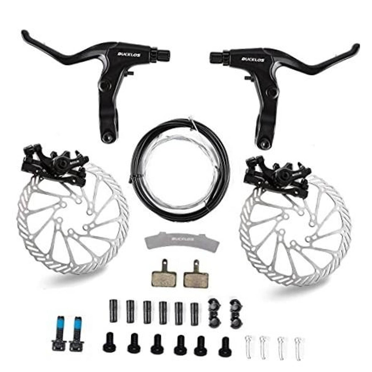 Mountain bike mechanical disc brake kit with black calipers, silver rotors, cables, and pads