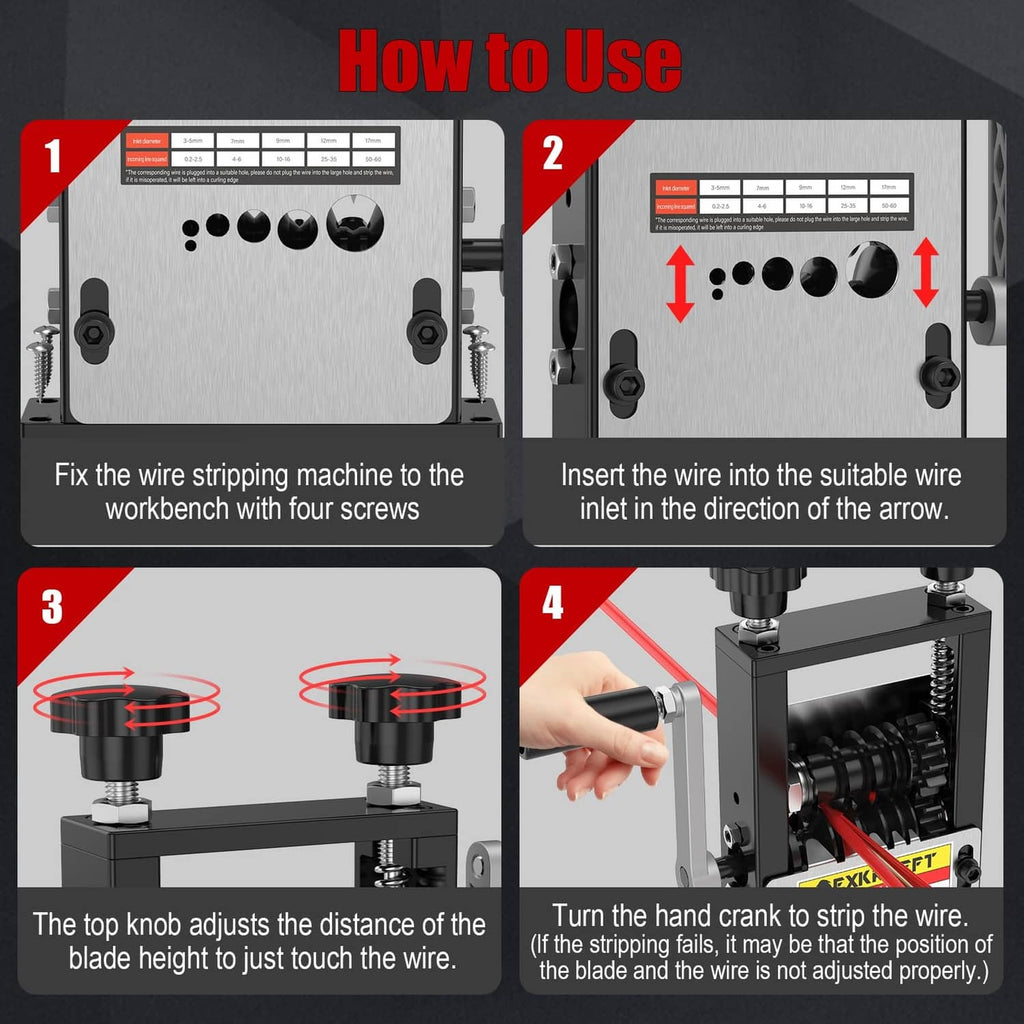 Wire stripper machine with illustrated 4-step operation instructions