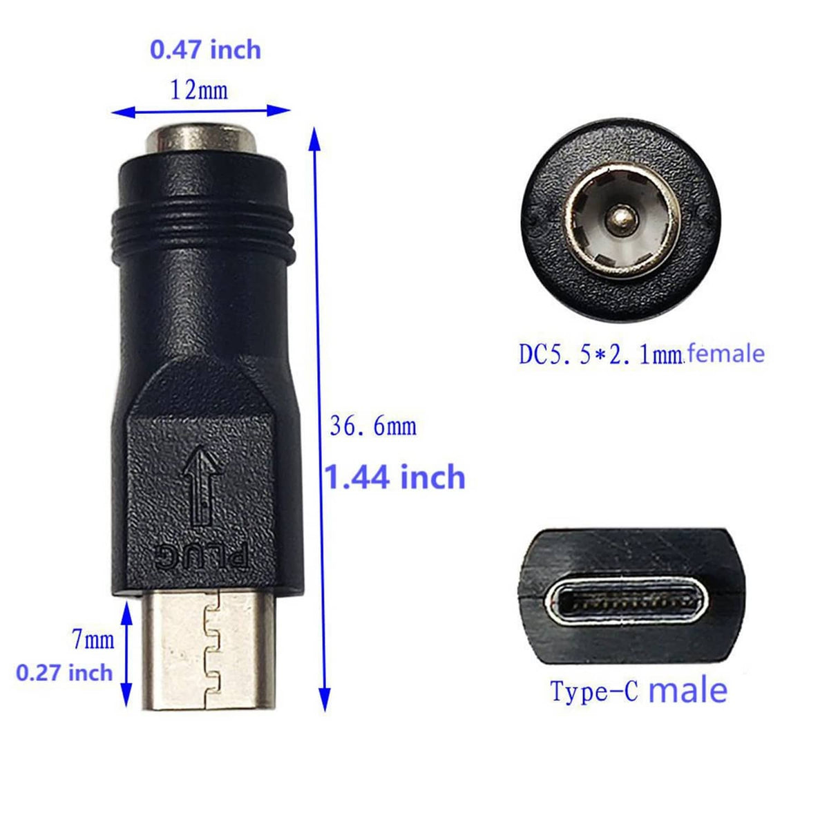 Black Type-C male to DC 5.5x2.1mm barrel connector plug