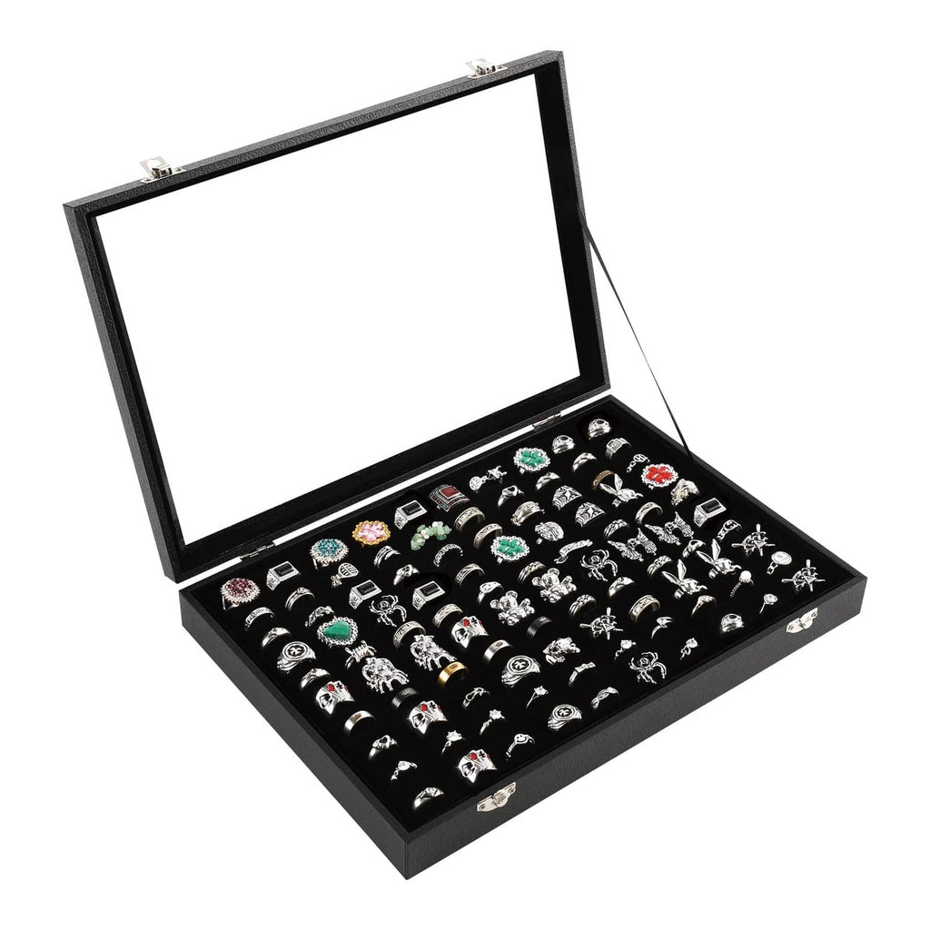 Black ring case organizer box with clear hinged lid and ring display slots