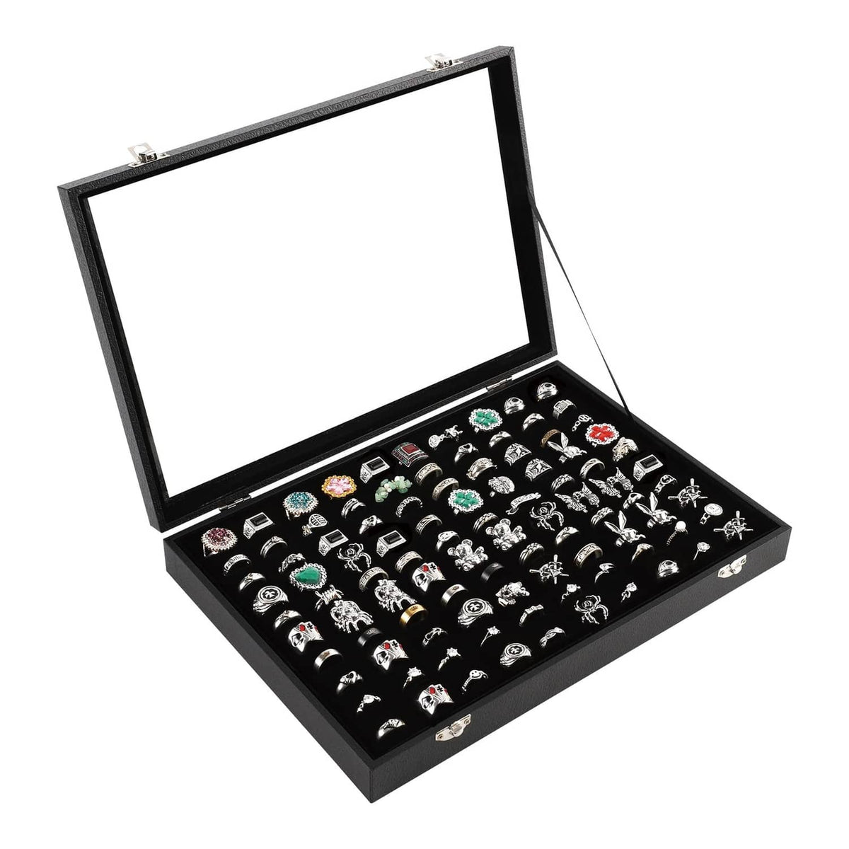 Black ring case organizer box with clear hinged lid and ring display slots