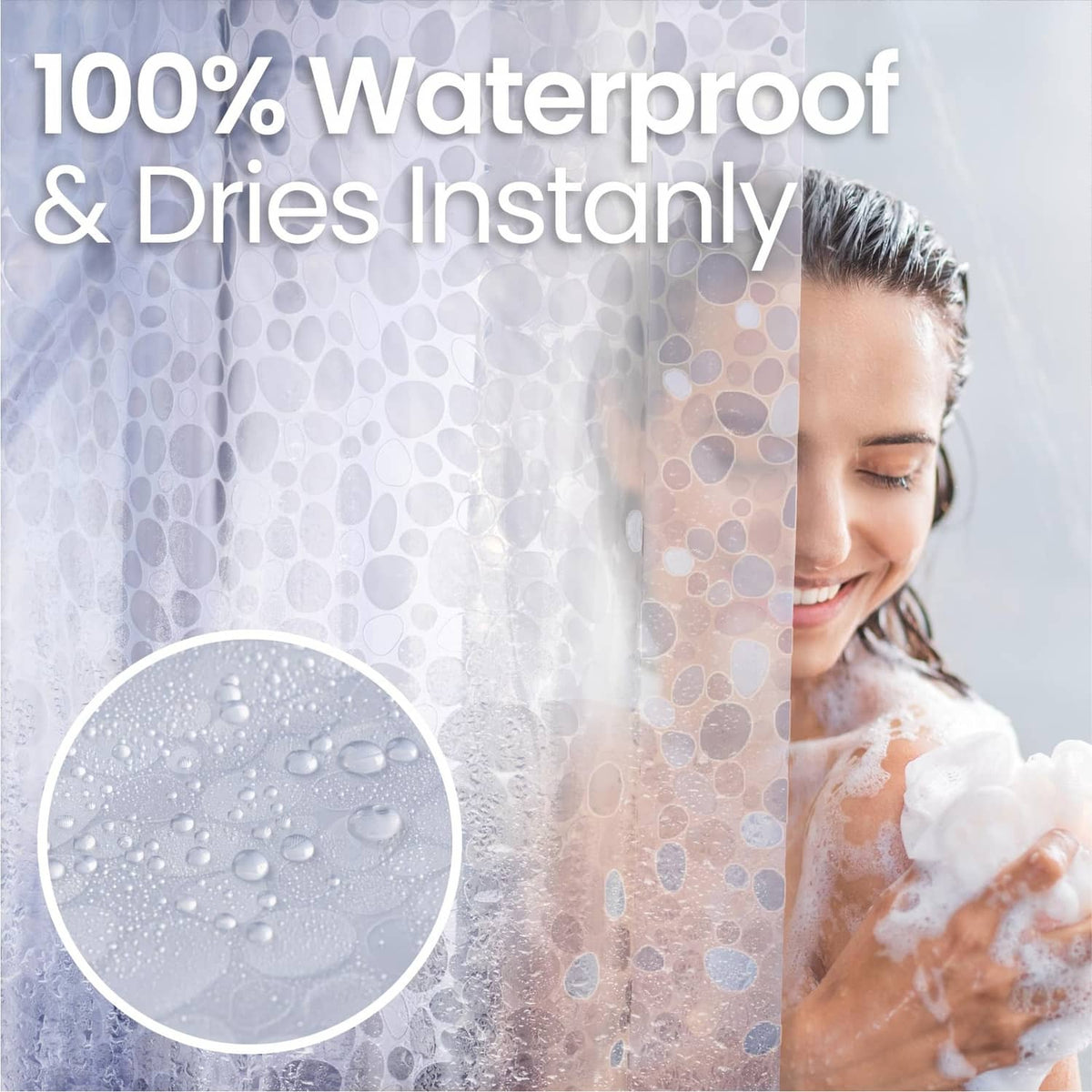 LiBa clear PEVA shower curtain with pebble pattern, water droplets on surface