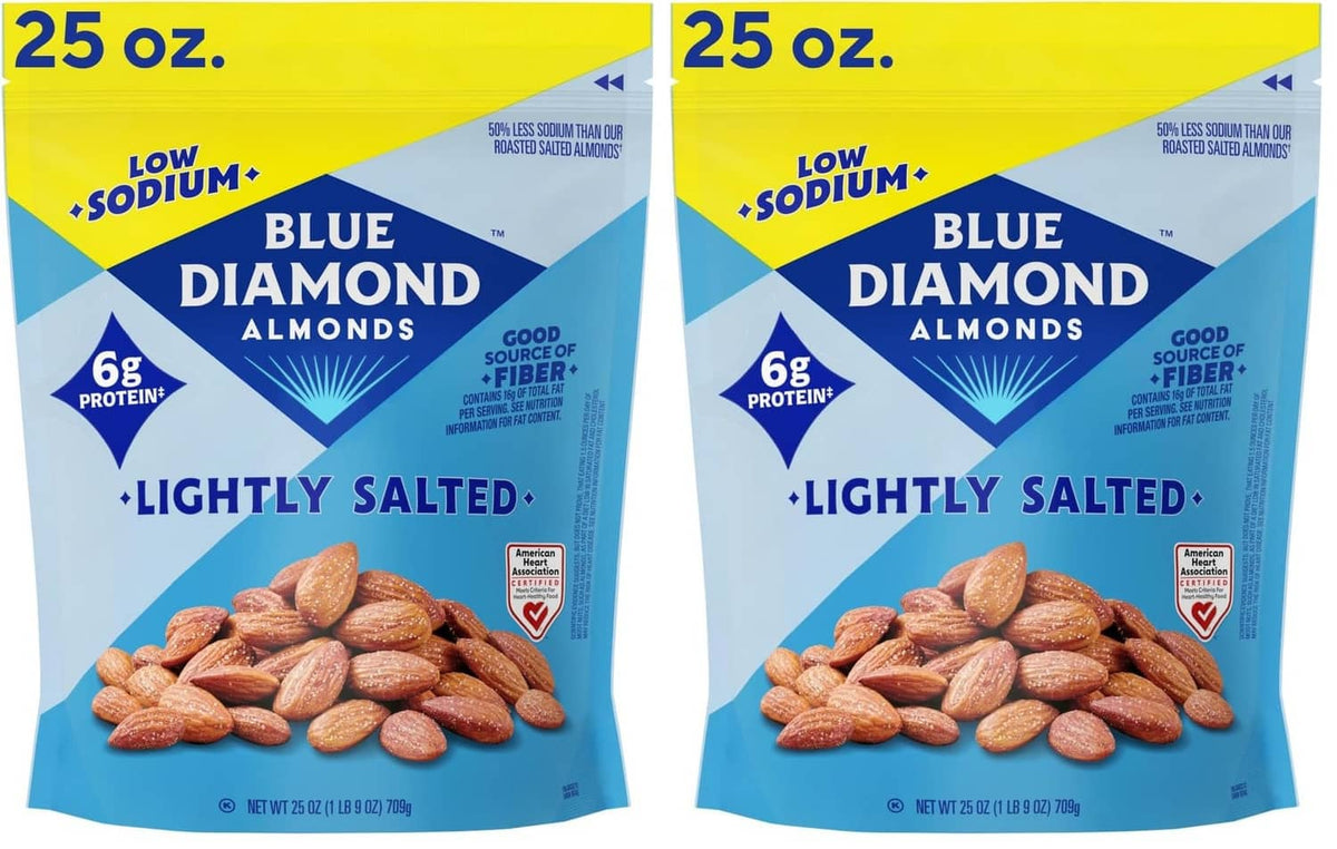 Two packs of Blue Diamond lightly salted low-sodium almonds, salted almond snack bags