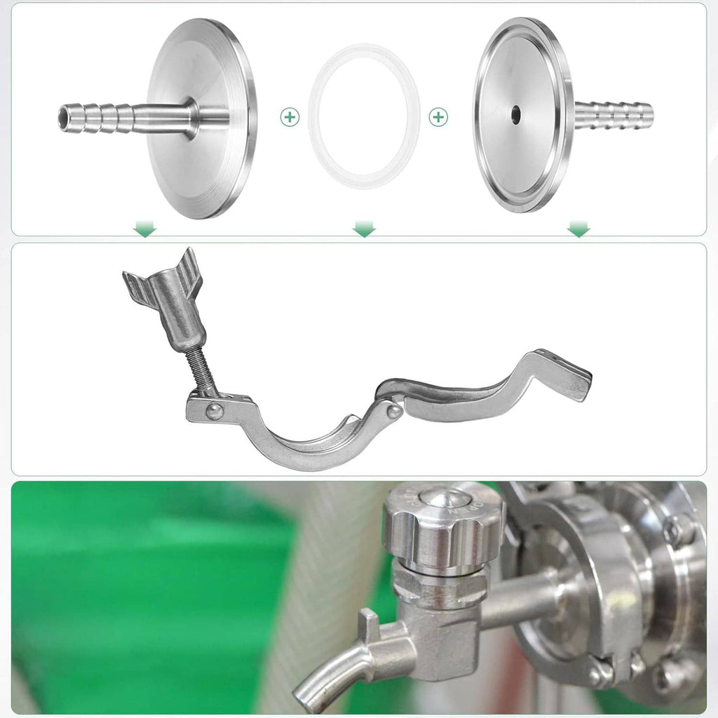 Stainless steel barbed hose clamp fitting with O-ring and flat mounting disc