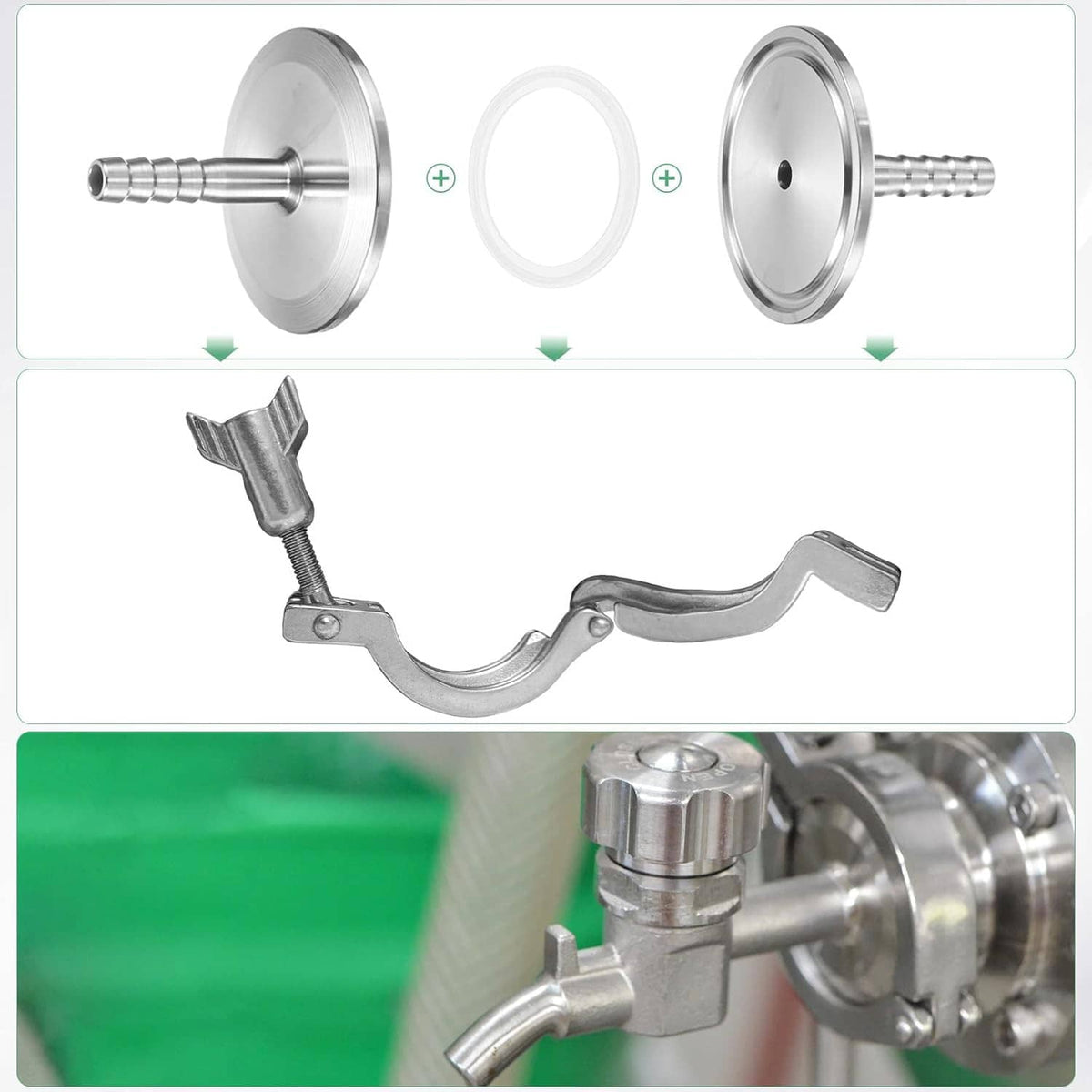 Stainless steel barbed hose clamp fitting with O-ring and flat mounting disc
