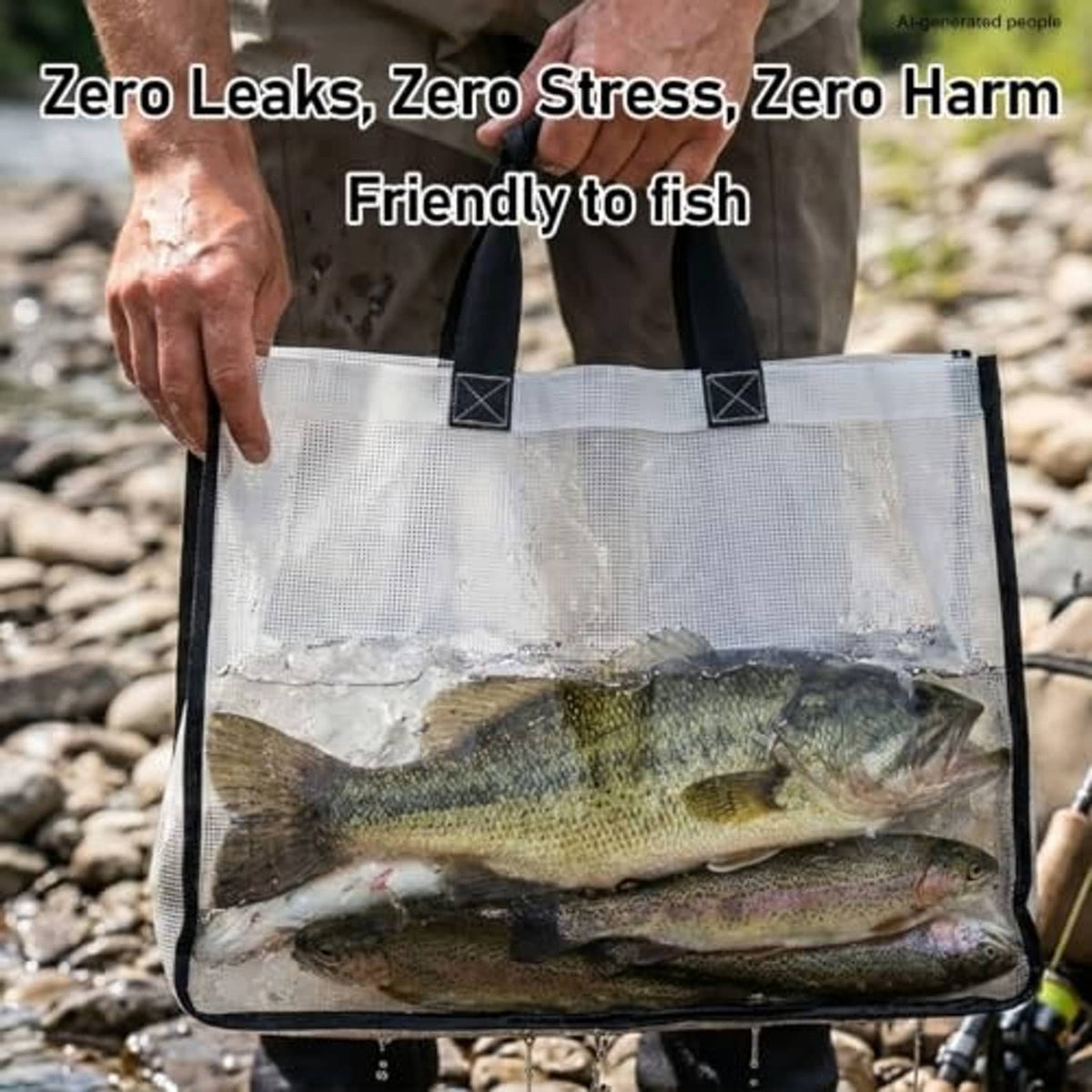 Transparent fish tote bag with black handles, holding fish in a leak-resistant panel.