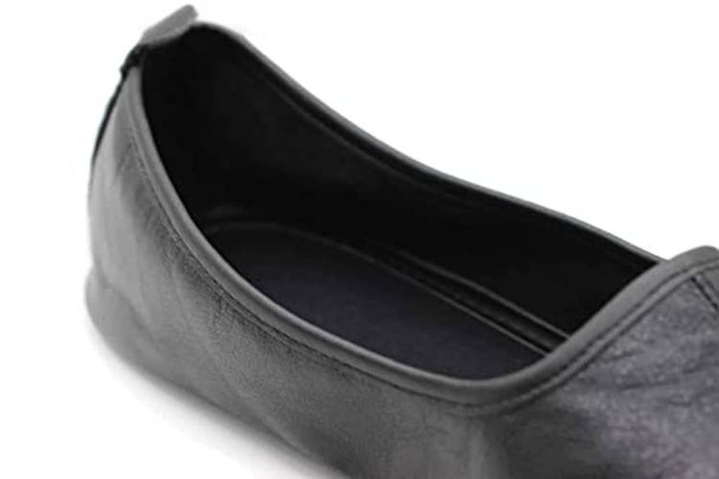 Leather slipper interior view, open-top slip-on, dark gray/black
