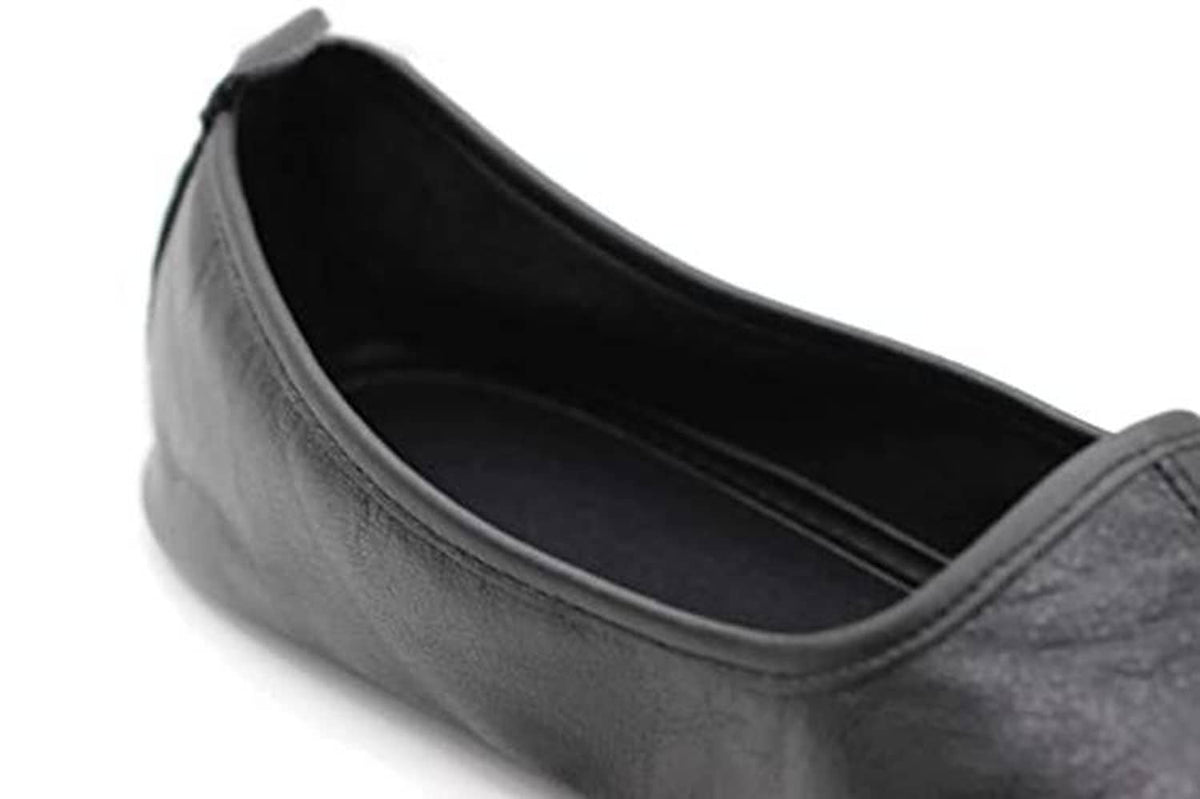 Leather slipper interior view, open-top slip-on, dark gray/black