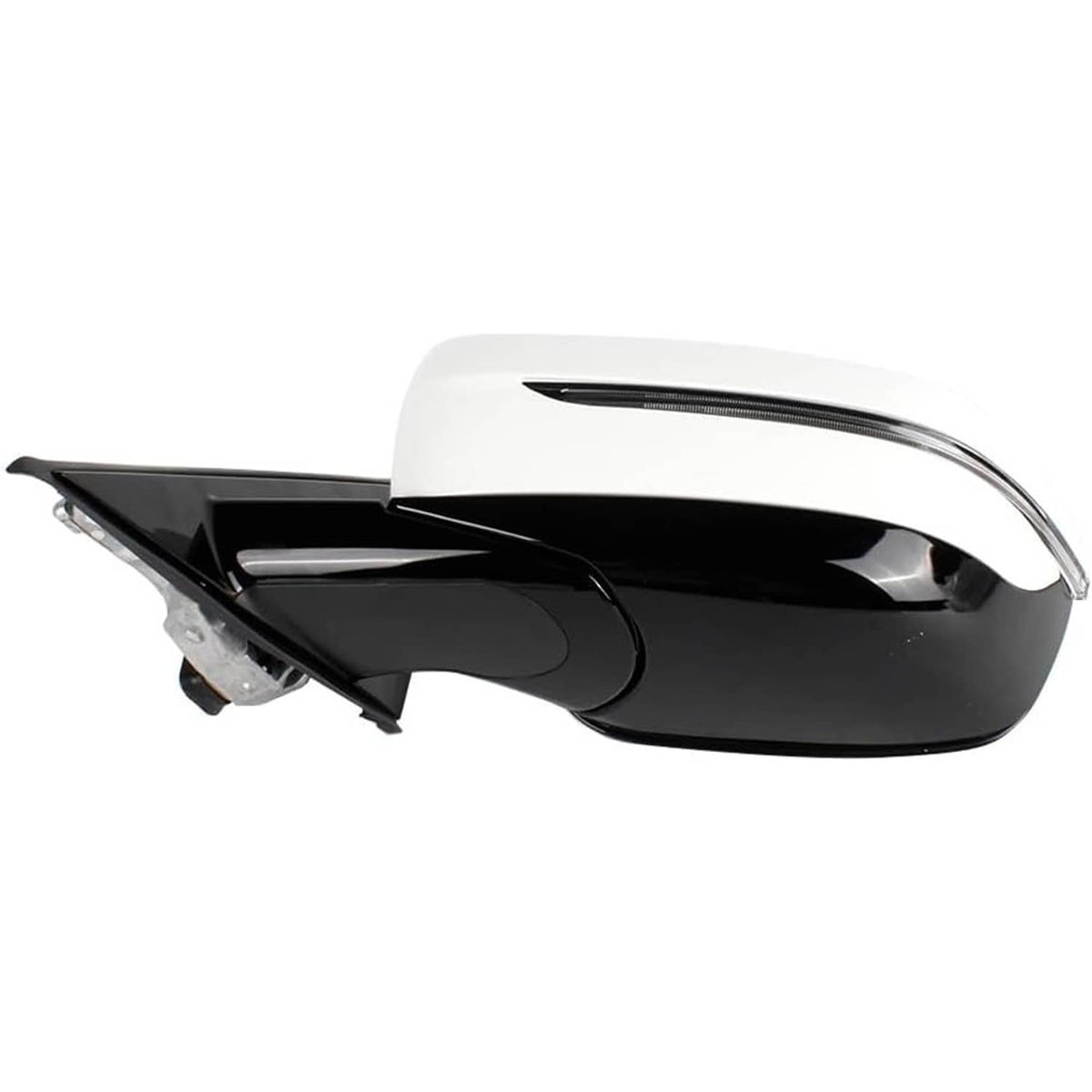 Left driver side mirror assembly, white cap with integrated blind spot indicator.