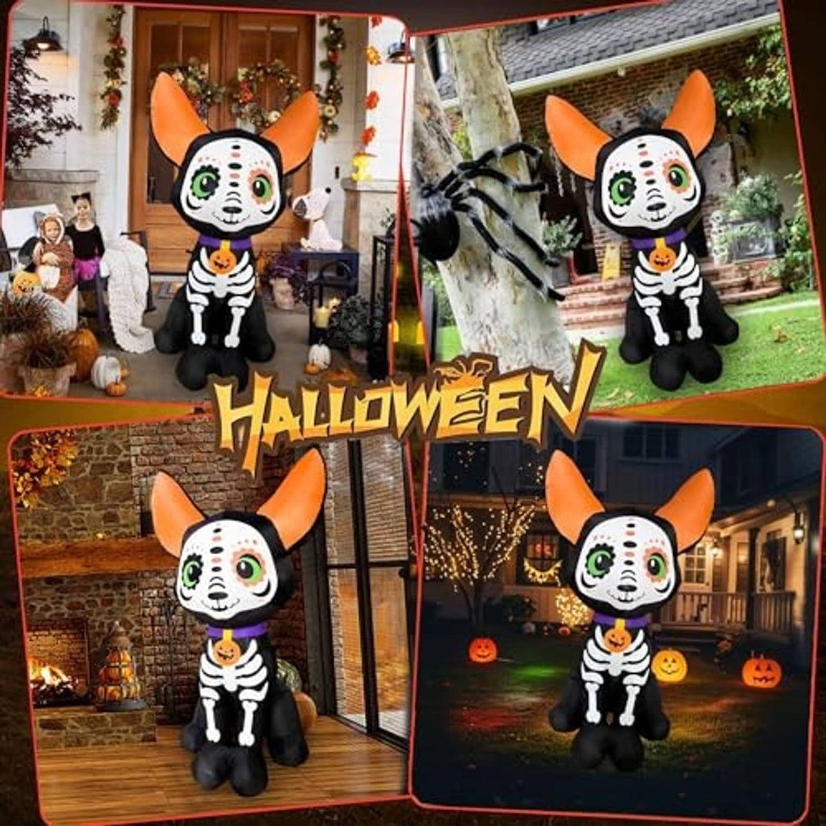 Halloween inflatable skeleton dog with orange ears and jack-o-lantern pumpkin collar.