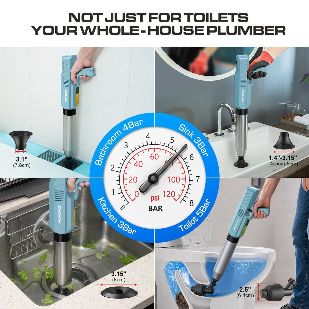 Dusty blue electric plunger used on toilet and sink areas with pressure dial