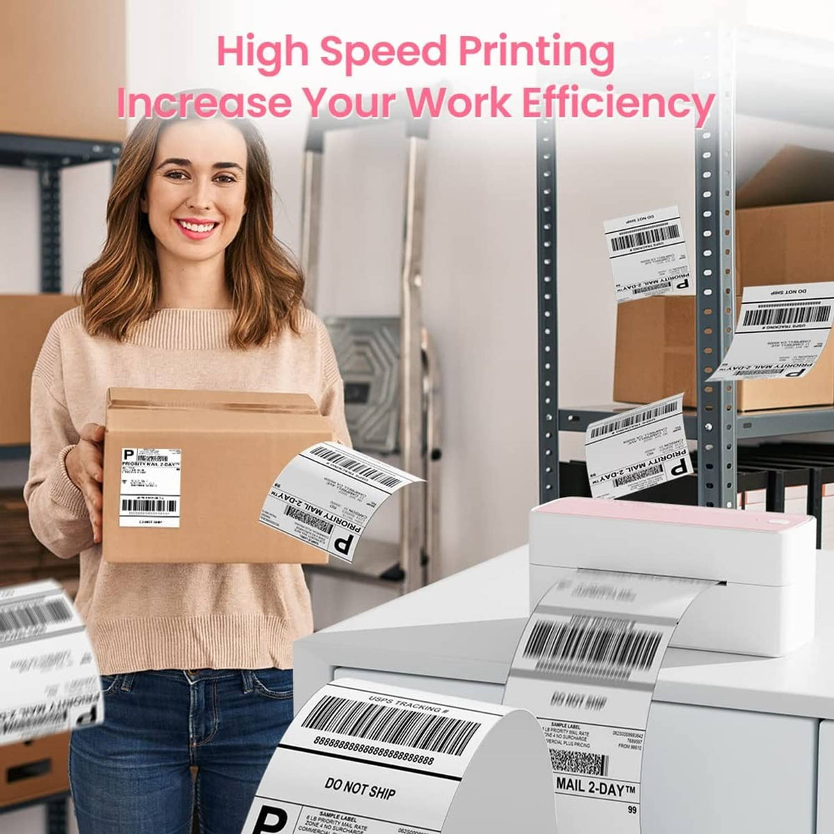 Pink and white Bluetooth thermal label printer printing barcodes on boxes